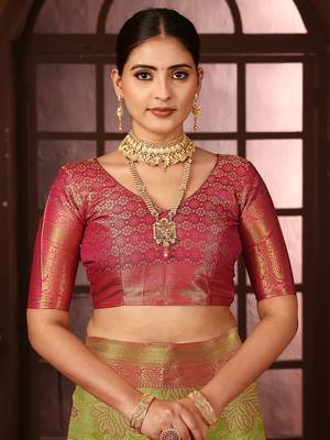 Mintgreen woven design kanjeevaram silk blend saree with blouse 4
