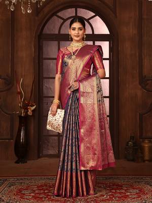 Navyblue woven design kanjeevaram silk blend saree with blouse 1