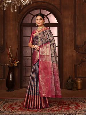 Navyblue woven design kanjeevaram silk blend saree with blouse 2