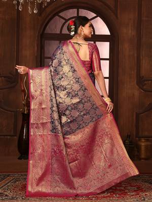 Navyblue woven design kanjeevaram silk blend saree with blouse 3