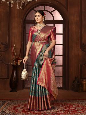 Turquoise blue woven design kanjeevaram silk blend saree with blouse 1