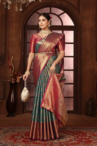 Turquoise blue woven design kanjeevaram silk blend saree with blouse