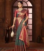 Turquoise blue woven design kanjeevaram silk blend saree with blouse