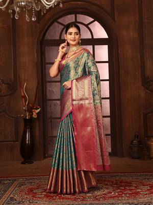 Turquoise blue woven design kanjeevaram silk blend saree with blouse 2