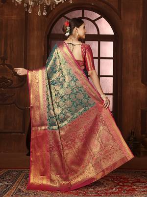 Turquoise blue woven design kanjeevaram silk blend saree with blouse 3