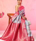 Multi color floral printed Banarasi silk blend zari work saree with blouse piece