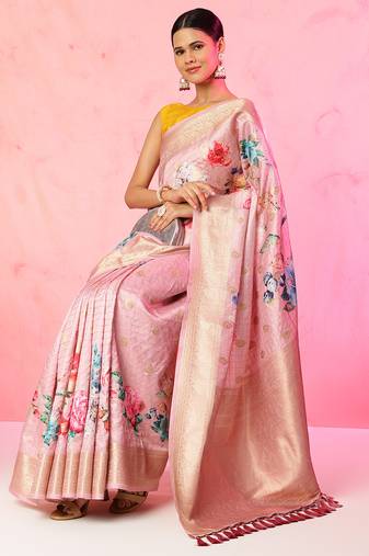 Multi color floral printed Banarasi silk blend zari work saree with blouse piece
