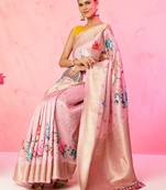 Multi color floral printed Banarasi silk blend zari work saree with blouse piece