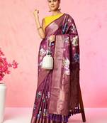 Multi color floral printed Banarasi silk blend zari work saree with blouse piece
