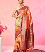 Multi color floral printed Banarasi silk blend zari work saree with blouse piece