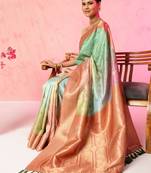 Multi color floral printed Banarasi silk blend zari work saree with blouse piece