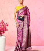 Multi color floral printed Banarasi silk blend zari work saree with blouse piece