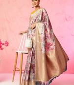 Multi color floral printed Banarasi silk blend zari work saree with blouse piece