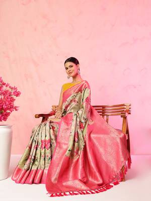 Multi color floral printed Banarasi silk blend zari work saree with blouse piece 1