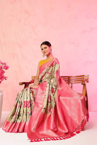 Multi color floral printed Banarasi silk blend zari work saree with blouse piece