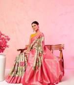 Multi color floral printed Banarasi silk blend zari work saree with blouse piece