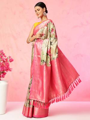 Multi color floral printed Banarasi silk blend zari work saree with blouse piece 2