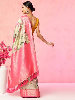 Multi color floral printed Banarasi silk blend zari work saree with blouse piece 3