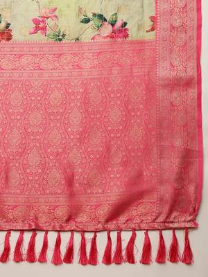 Multi color floral printed Banarasi silk blend zari work saree with blouse piece 4