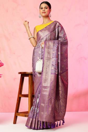 Multi color floral printed Banarasi silk blend zari work saree with blouse piece