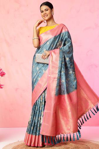 Multi color floral printed Banarasi silk blend zari work saree with blouse piece