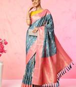 Multi color floral printed Banarasi silk blend zari work saree with blouse piece