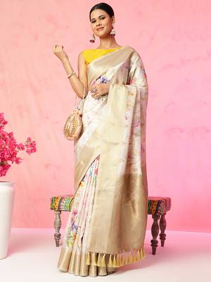 Multi color floral printed Banarasi silk blend zari work saree with blouse piece 1