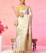Multi color floral printed Banarasi silk blend zari work saree with blouse piece