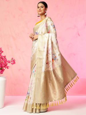 Multi color floral printed Banarasi silk blend zari work saree with blouse piece 2