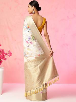 Multi color floral printed Banarasi silk blend zari work saree with blouse piece 3