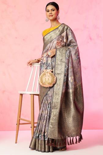 Multi color floral printed Banarasi silk blend zari work saree with blouse piece
