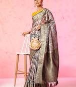 Multi color floral printed Banarasi silk blend zari work saree with blouse piece
