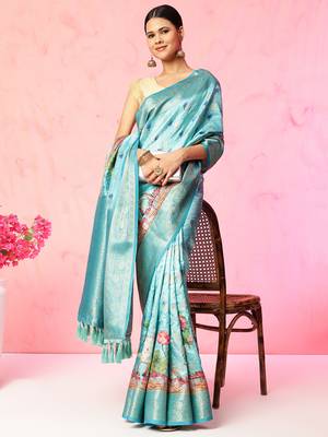 Multi color floral printed Banarasi silk blend zari work saree with blouse piece 1