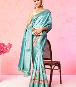 Multi color floral printed Banarasi silk blend zari work saree with blouse piece