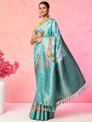 Multi color floral printed Banarasi silk blend zari work saree with blouse piece 2