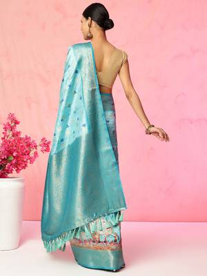 Multi color floral printed Banarasi silk blend zari work saree with blouse piece 3