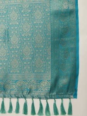 Multi color floral printed Banarasi silk blend zari work saree with blouse piece 4