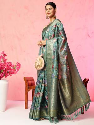 Multi color floral printed banarasi silk blend zari work saree with blouse piece 1