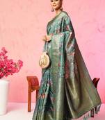 Multi color floral printed banarasi silk blend zari work saree with blouse piece