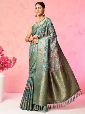 Multi color floral printed banarasi silk blend zari work saree with blouse piece 2