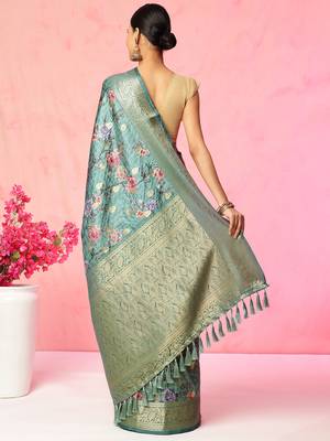Multi color floral printed banarasi silk blend zari work saree with blouse piece 3