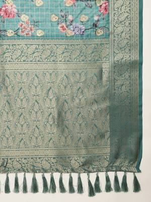 Multi color floral printed banarasi silk blend zari work saree with blouse piece 4