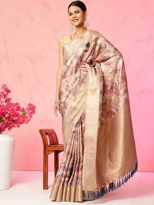 Multi color floral printed banarasi silk blend zari work saree with blouse piece 1