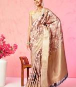 Multi color floral printed banarasi silk blend zari work saree with blouse piece