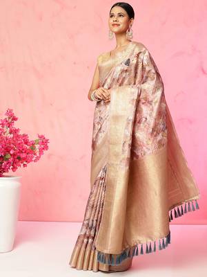 Multi color floral printed banarasi silk blend zari work saree with blouse piece 2