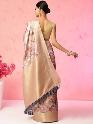 Multi color floral printed banarasi silk blend zari work saree with blouse piece 3