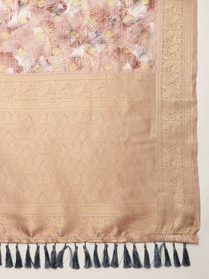 Multi color floral printed banarasi silk blend zari work saree with blouse piece 4