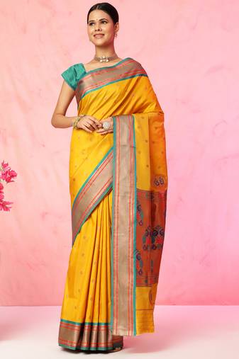 Ethnic motifs paithani silk blend zari work saree with blouse