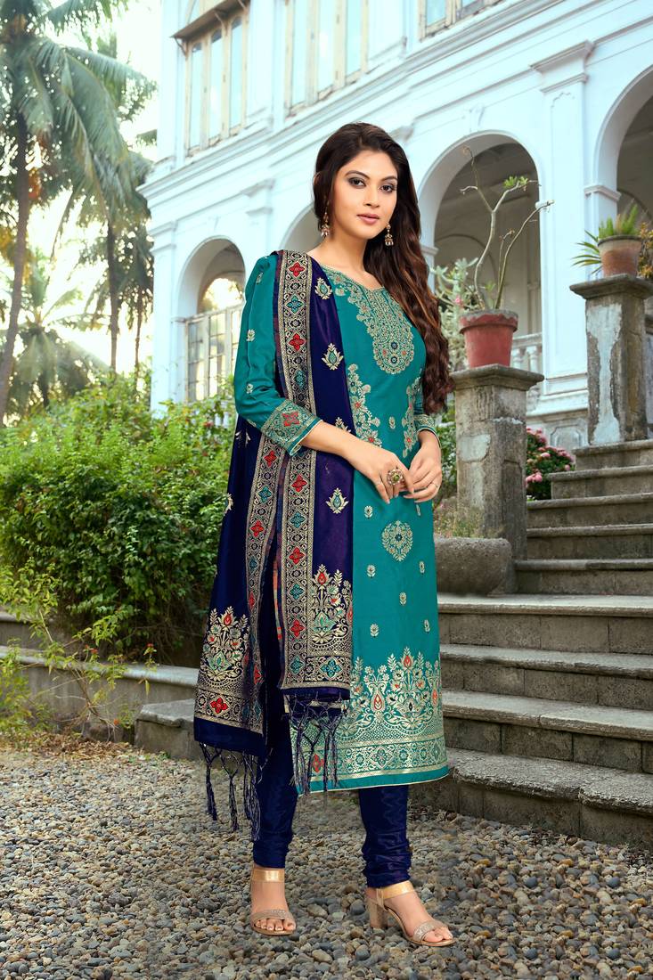 Darkblue embroidered jacquard Party Wear Kurta Pant with Dupatta Salwar Suit Set