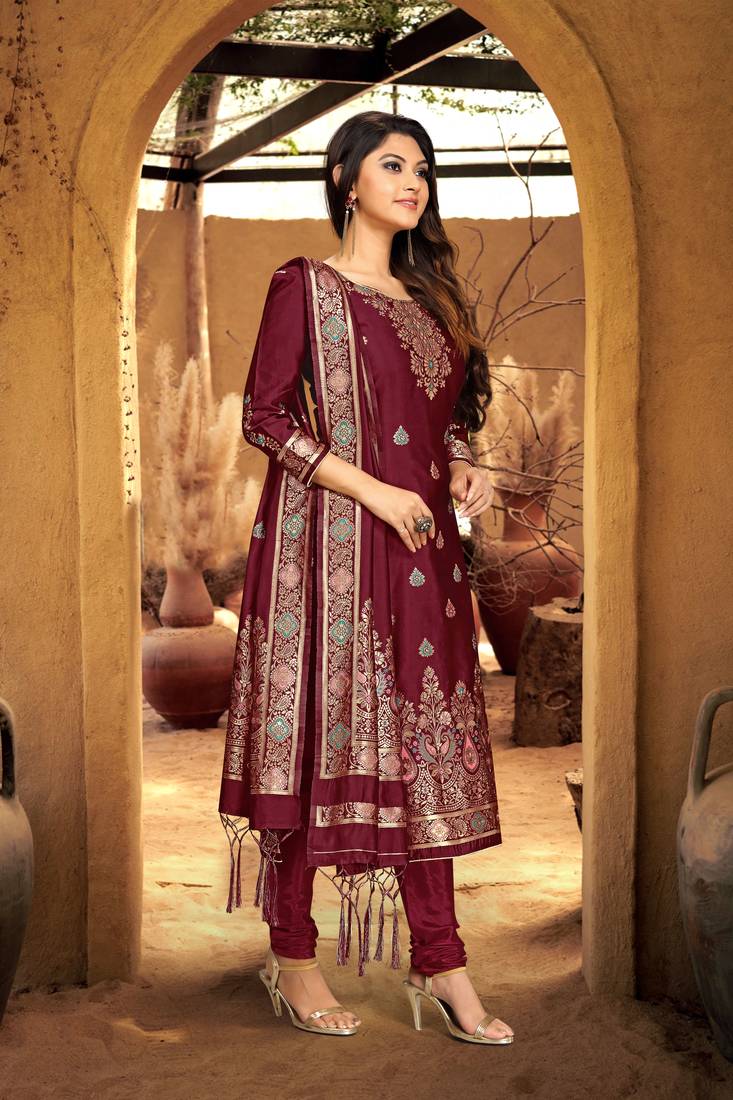 Trendmalls Maroon Silk Party Wear Kurta Pant with Dupatta Salwar Suit Set